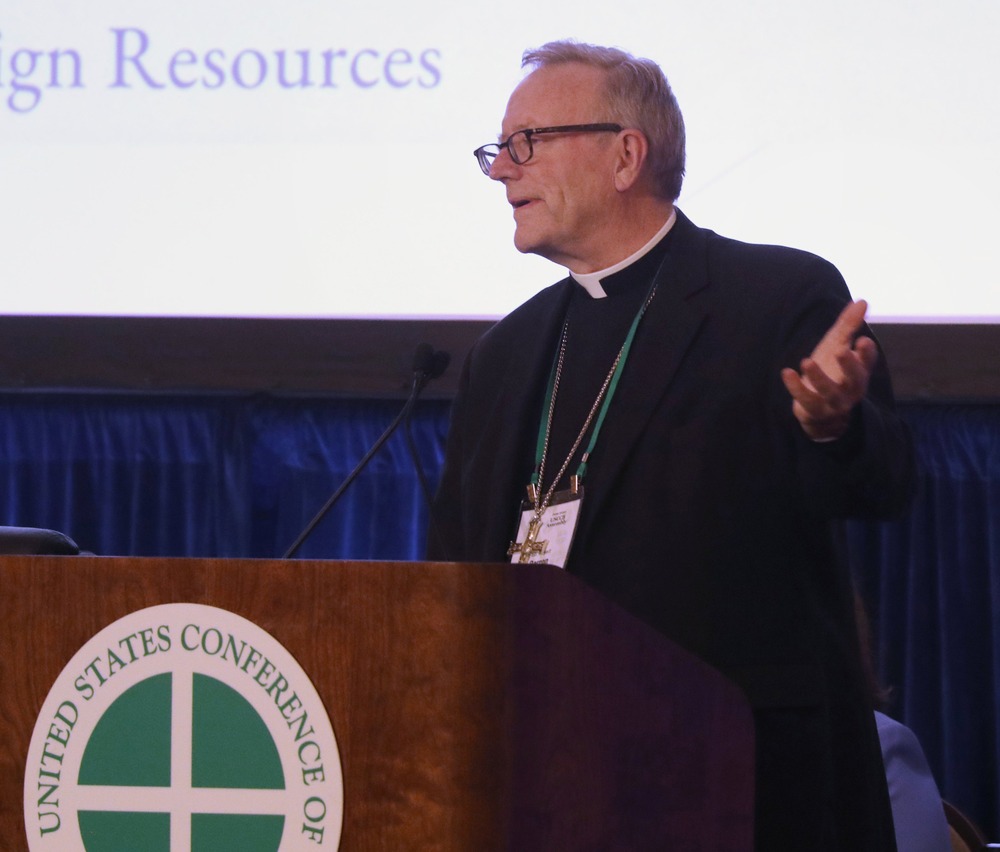 Bishop Barron stands at lectern. 