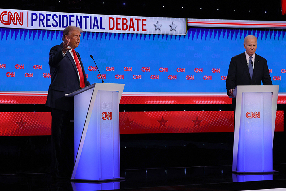 Former President Donald Trump and President Joe Biden participate in their first U.S. presidential campaign debate in Atlanta June 27, 2024. (OSV News/Reuters/Brian Snyder)