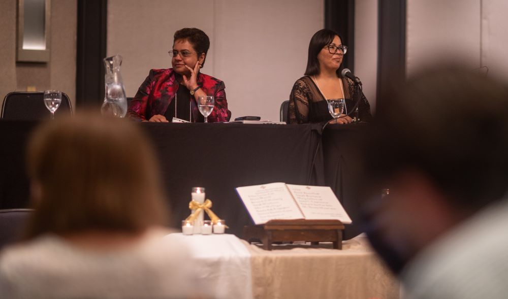 Susan Abraham, dean of the Pacific School of Religion, presented "Saving (Catholic) HigherEducation" at the Catholic Theological Society of America's annual convention in Baltimore. Respondent Tracy Sayuki Tiemeyer of Loyola Marymount University is at right. (Courtesy of Paul Schultz)