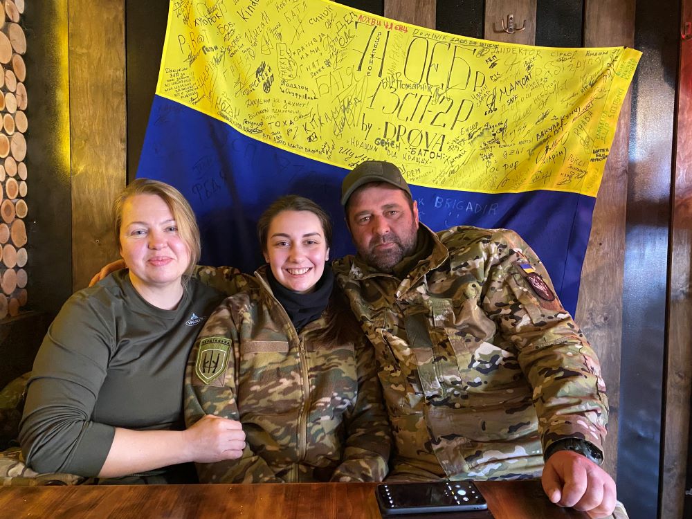 Orysya Masna, 21, (center) a student at Ukrainian Catholic University in Lviv, Ukraine, is seen in this undated image as she volunteers as a battlefield emergency paramedic in Ukraine. (OSV News/Orysya Masna)