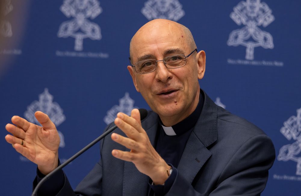 Cardinal Víctor Manuel Fernández, prefect of the Dicastery for the Doctrine of the Faith, speaks at a news conference.