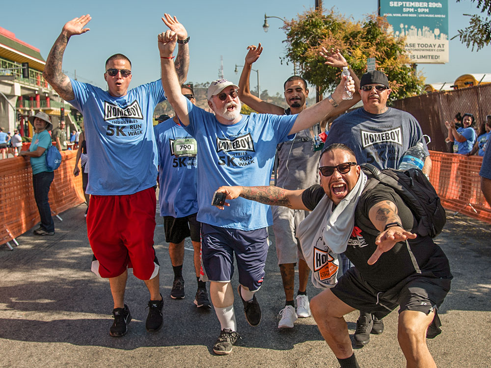 Jesuit Fr. Greg Boyle and some of his trainees participate in a 5k race at Homeboy Industries in Los Angeles in 2020. (Courtesy of Paul Steinbroner)