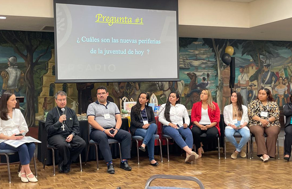 Bishop Oscar Cantú of the Diocese of San Jose, California, is joined by a panel of young people during the celebration for the Region Eleven Commission for the Spanish Speaking on June 18 at the Mission Basilica San Diego de Alcalá in San Diego. (Yunuen Trujillo)