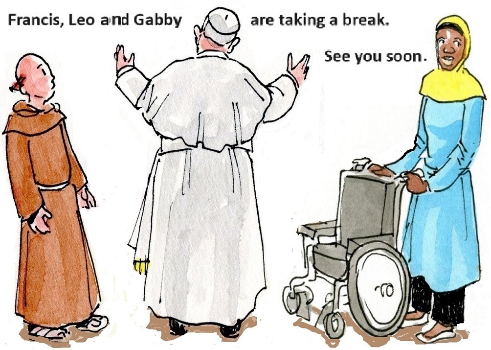 Francis, the comic strip: Brother Leo, Gabby and Francis take a break.