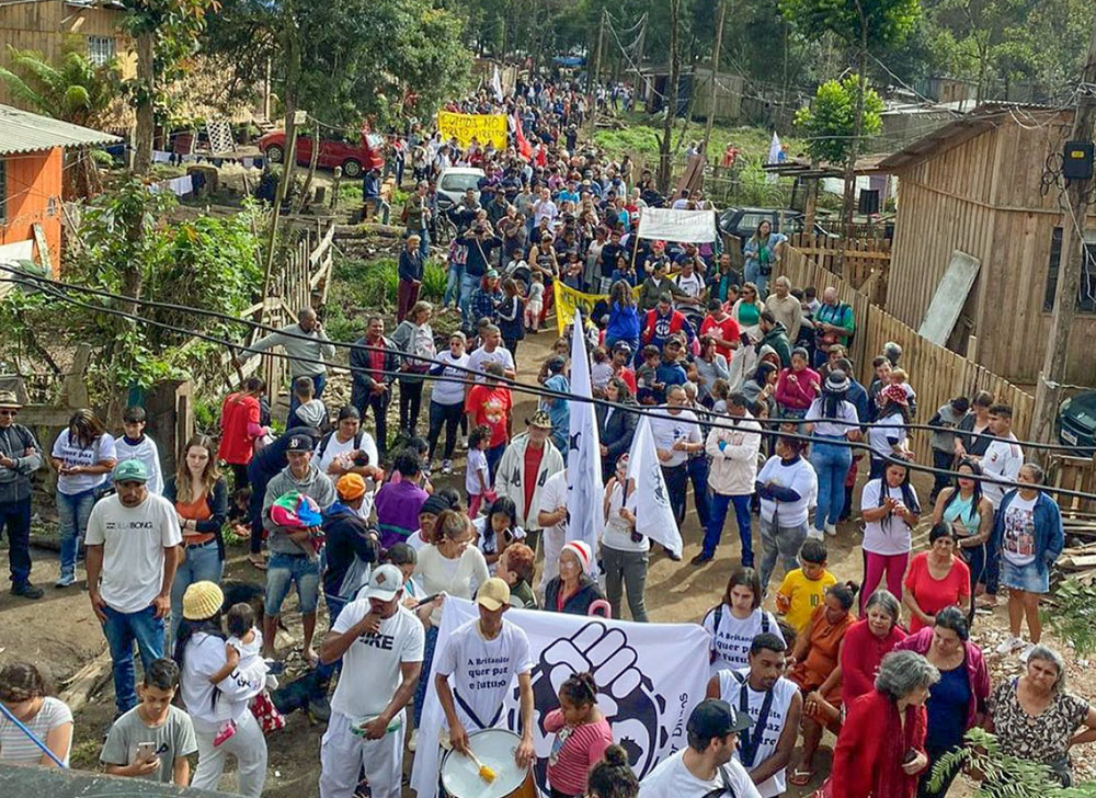 The scene from a rooftop at a May 6, 2023, protest in Curitiba, southern Brazil state of Paraná, where Fr. Joaquim Parron and his order of the Redemptorist Fathers joined in solidarity with homeless families (RNS/Courtesy of Joaquim Parron)