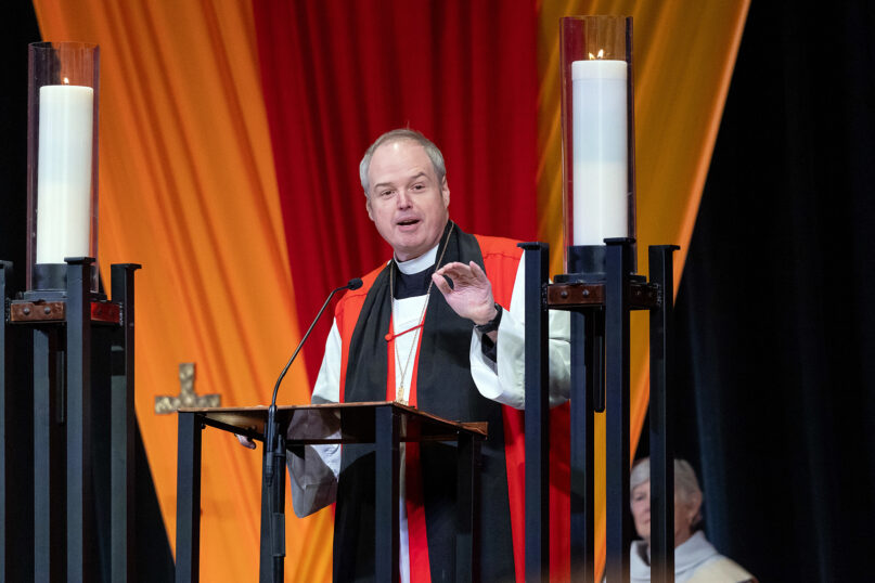 Presiding Bishop-elect Sean Rowe delivers a sermon at the closing Eucharist service of the Episcopal Church General Convention, June 28, 2024, in Louisville, Kentucky. (RNS/Randall Gornowich)