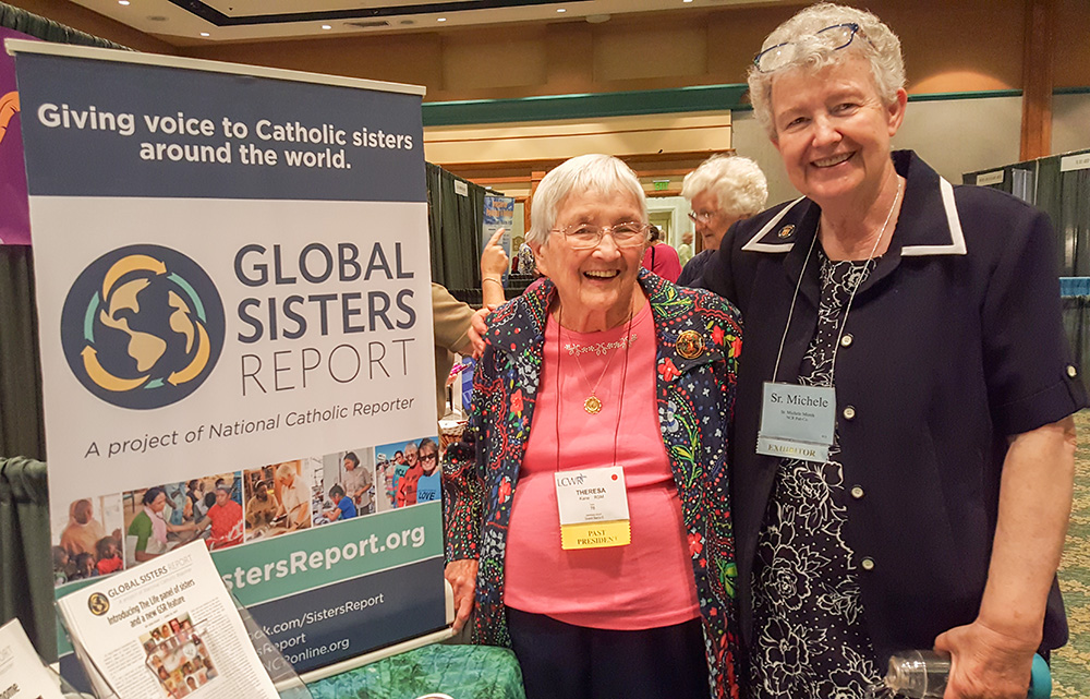 Mercy Sr. Theresa Kane with Ursuline Sr. Michele Morek, then sister-liaison for Global Sisters Report, at the 2017 Leadership Conference of Women Religious assembly (GSR photo/Gail DeGeorge)