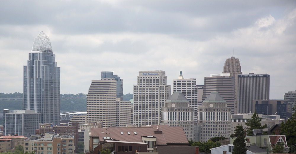 Skyline against gray day sky. 