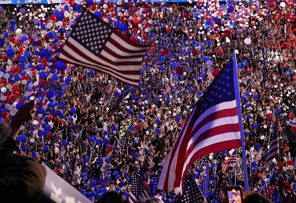 U.S. flags and balloons are seen after Vice President Kamala Harris, the Democratic presidential candidate, gave her speech during the Democratic National Convention, Dec. 22 in Chicago. (OSV News photo/Reuters/Brendan Mcdermid)