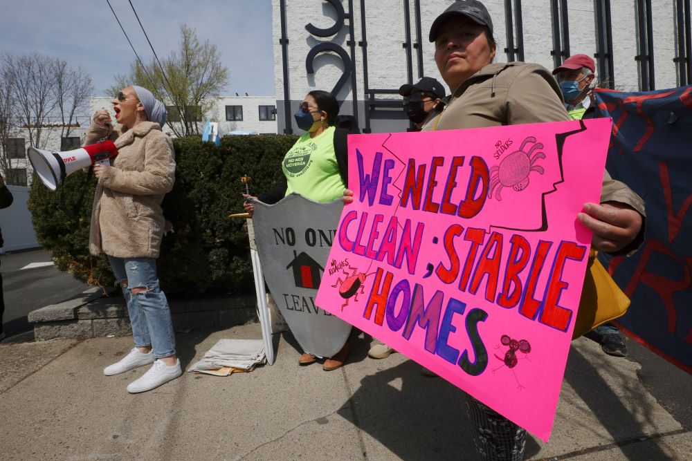 Housing rights activists and tenants protest against evictions and the poor condition of their apartments.