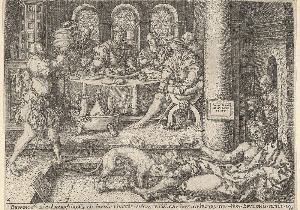 Lazarus at the Rich Man's Gate, from "The Parable of the Rich Man and Lazarus," a 1554 engraving by Heinrich Aldegrever (Metropolitan Museum of Art)