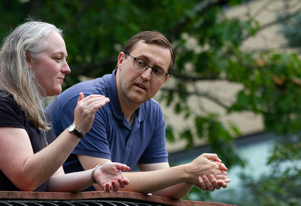 John Dougherty and Sr. Colleen Gibson discuss their creative practices at the Jesuit Media Lab annual summit. (Courtesy of Jesuit Conference of Canada and the United States)