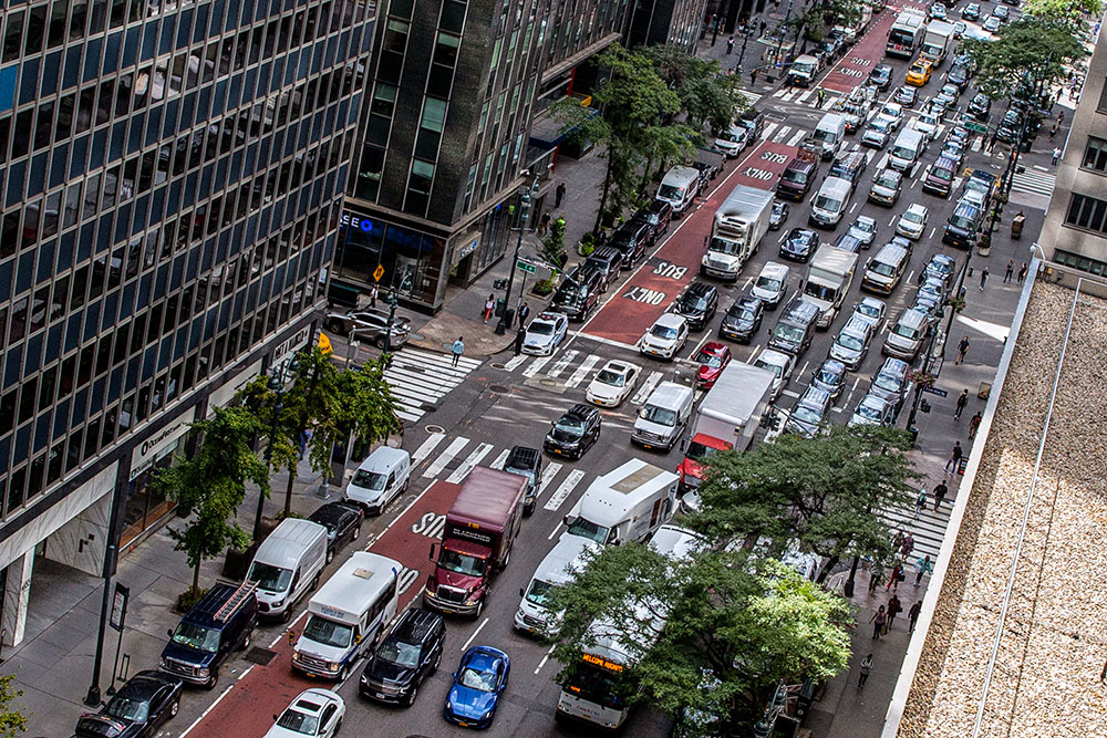 Heavy traffic fills Third Avenue in New York's Manhattan borough near the United Nations, Sept. 20, 2021. (AP/Ted Shaffrey)