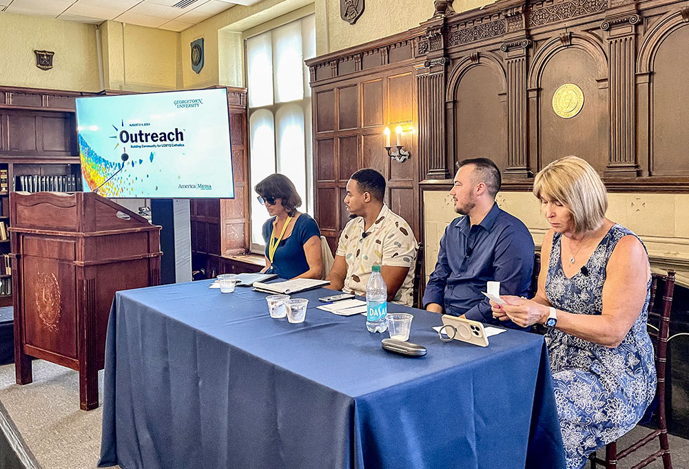 From left: NCR staff reporter Katie Collines Scott; Craig Ford Jr., assistant professor of theology and religious studies at St. Norbert College in De Pere, Wisconsin; Maxwell Kuzma, transgender Catholic writer; and Maureen Rasmussen, senior strategic adviser at Chesapeake Lighting, participate in the 2024 Outreach conference panel "Transgender Catholics and the Church" on Aug. 3. (NCR photo/Camillo Barone)