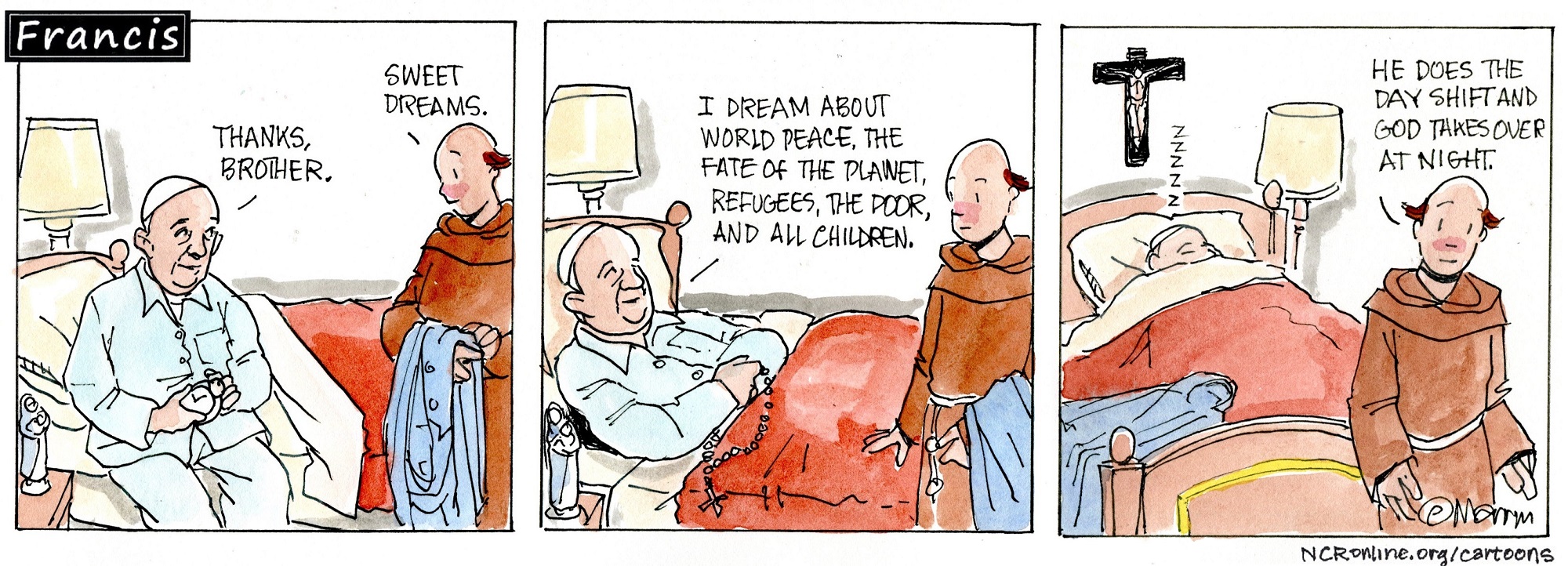 Francis, the comic strip: Francis shares his dreams with Brother Leo. 