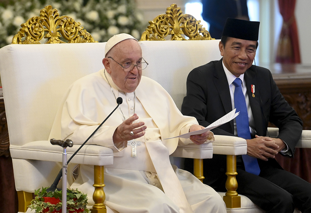 Pope Francis delivers his speech to President Joko Widodo of Indonesia and government and political leaders, diplomats and representatives of civil society during a meeting at Istana Negara, a national palace in Jakarta, Indonesia, on Sept. 4. (CNS/Vatican Media)