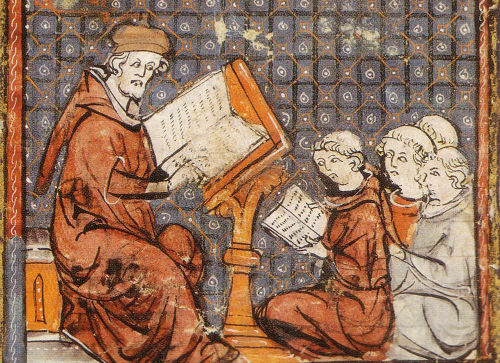 A 14th-century French illumination depicts a class in philosophy. (Wikimedia Commons)