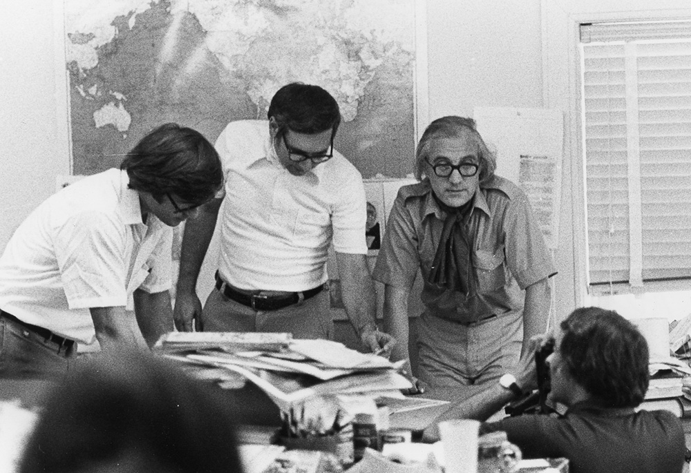 From left: Tom Fox, Jason Petosa and Arthur Jones are pictured inside NCR's Kansas City headquarters in July 1980; all three have served as NCR publisher. (NCR photo/Pam Bauer)