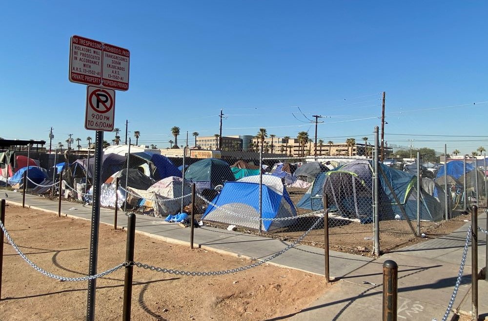 Tents stand at a homeless encampment in downtown Phoenix.