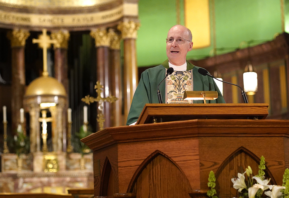 Jesuit Fr. James Martin delivers the homily during the closing Mass for the Outreach LGBTQ Catholic Ministry Conference at the Church of St. Paul the Apostle in New York City, on June 18, 2023. (OSV News/Gregory A. Shemitz)