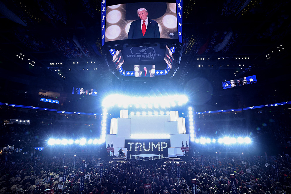 Republican presidential nominee and former U.S. President Donald Trump appears on stage July 18 to deliver his acceptance speech on the fourth and final day of the Republican National Convention at the Fiserv Forum in Milwaukee. (OSV News/Reuters/Mike Segar)