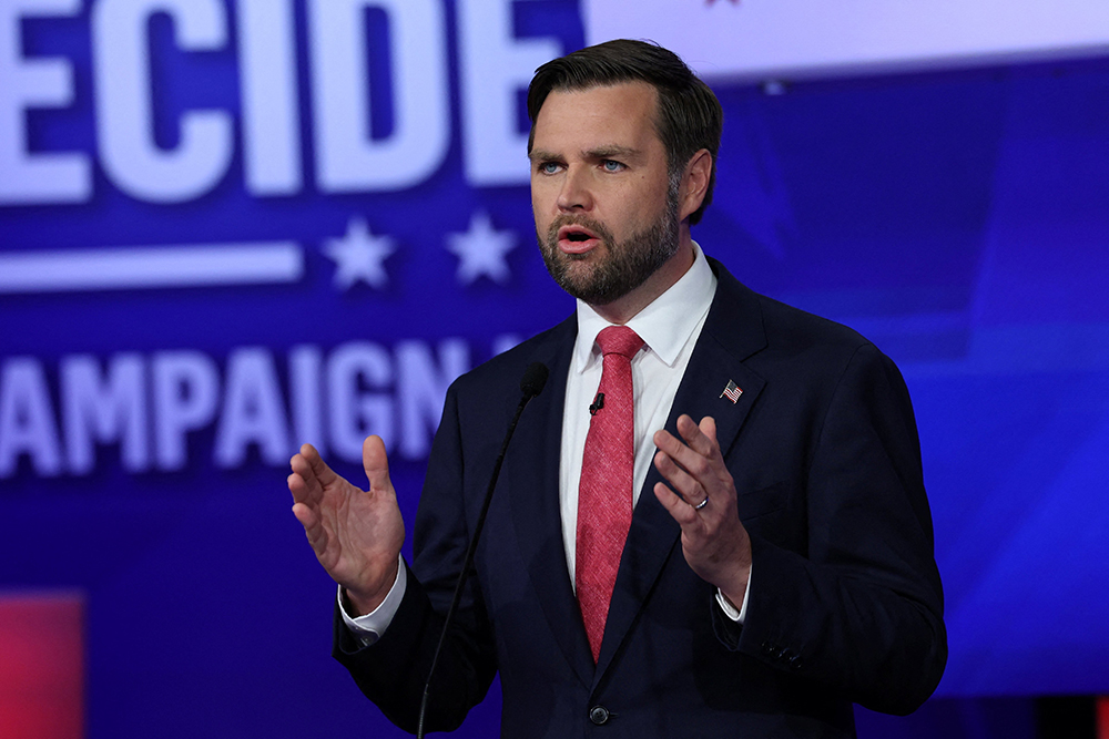 Republican vice presidential nominee Sen. JD Vance of Ohio, gestures during his first and only debate with Minnesota Gov. Tim Walz, the Democratic vice presidential nominee, at the CBS Broadcast Center in New York City Oct. 1, 2024. (OSV News/Reuters/Mike Segar)