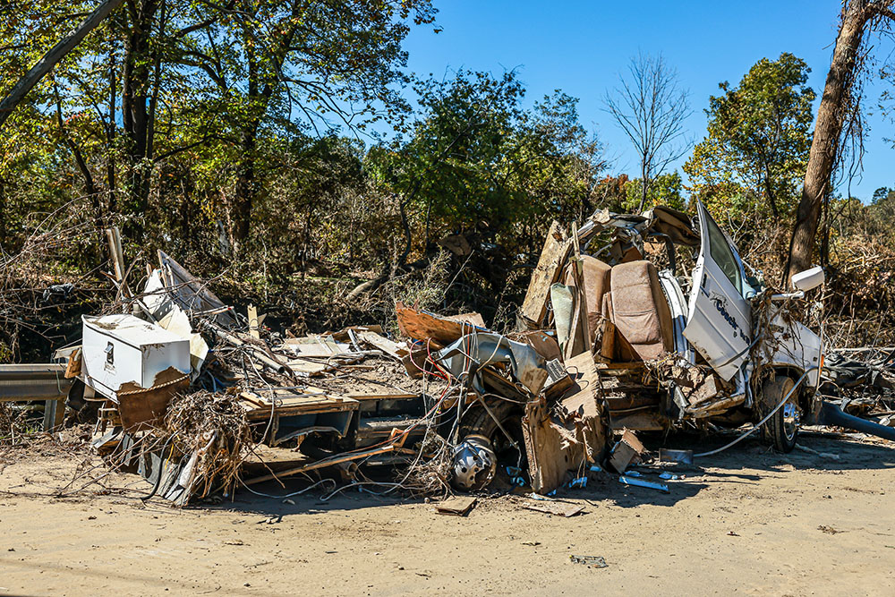 Destruction in Asheville, North Carolina, following Hurricane Helene. "For the affected people, it's an absolute catastrophe right now," says Kim Burgo, vice president of disaster operations at Catholic Charities USA. (Courtesy of Catholic Charities USA/Jeremy Mines)