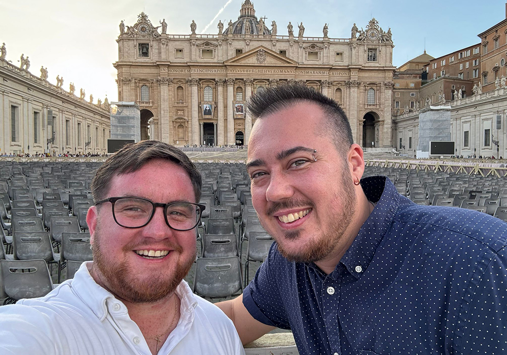 George White, left, and Maxwell Kuzma in St. Peter's Square, Oct. 23, before the meeting with Pope Francis (Courtesy of George White)