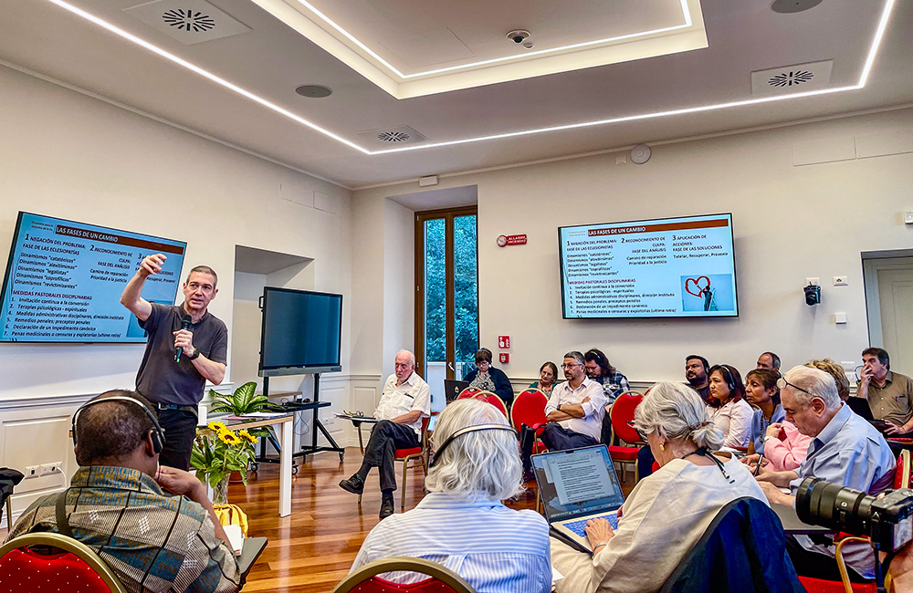 Msgr. Jordi Bertomeu Farnós, an official from the Vatican's Dicastery for the Doctrine of the Faith, gives a keynote address about clericalism and sexual abuse in the Catholic Church during the Lay Mission and Vocation Conference in Rome on Oct. 11. (NCR photo/Camillo Barone)