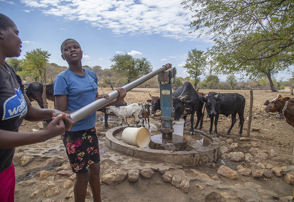 Villagers pump water at a borehole July 2 in Mudzi, Zimbabwe. The United Nations' food agency said Oct. 15 that months of drought in southern Africa, triggered by the El Nino weather phenomenon, has had a devastating impact on more than 27 million people and caused the region's worst hunger crisis in decades. (AP photo/Aaron Ufumeli/File)