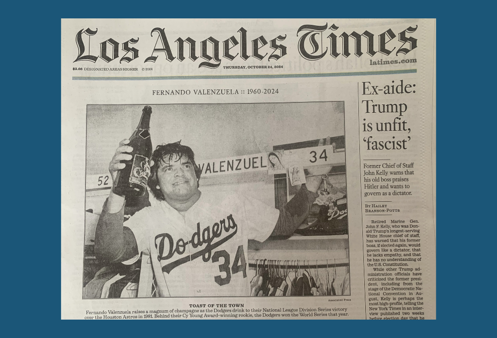 Los Angeles Dodgers pitcher Fernando Valenzuela, who died Oct. 22, celebrates after the Dodgers won the National League title over the Expos Oct. 19, 1981, in Montreal. Valenzuela, the Mexican-born Dodgers phenom, taped images of La Virgen de Guadalupe and El Santo Niño in his team locker. 