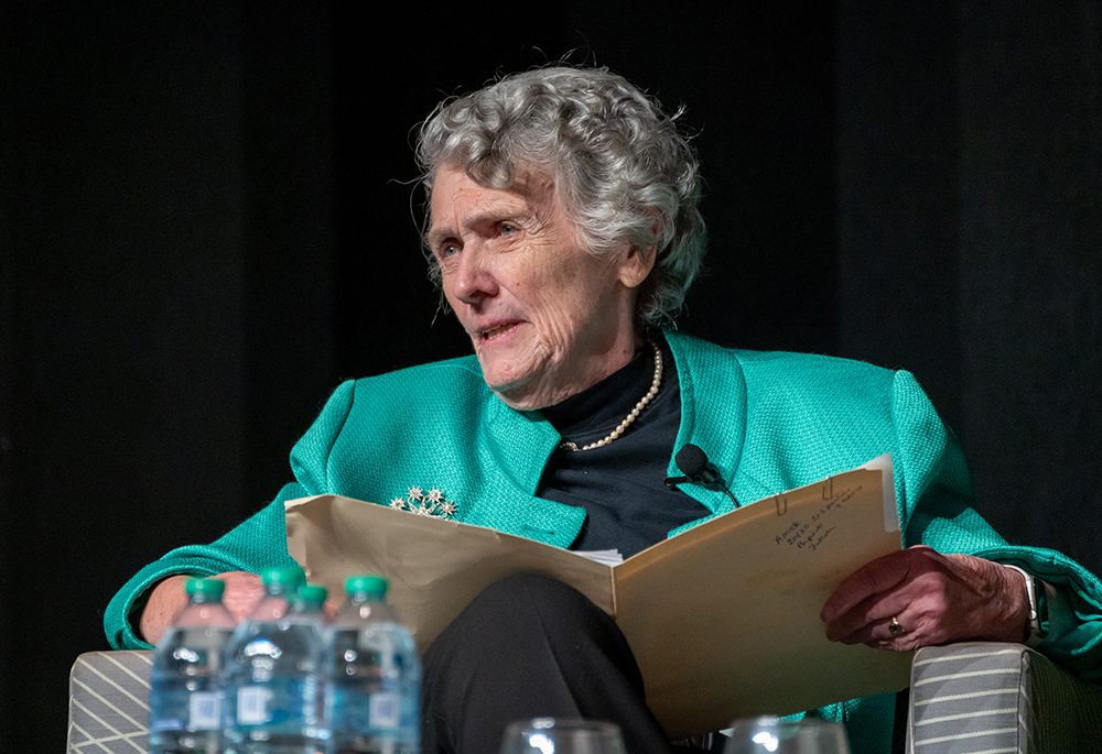 Sr. Joan Chittister addresses the crowd at the Bayfront Convention Center Oct. 17 in Erie, Pennsylvania. (NCR photo/ Rick Klein)