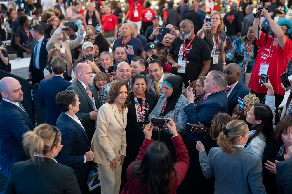 Vice President Kamala Harris poses with attendees after speaking at the UNITE HERE Constitutional Convention June 21 in New York City. 