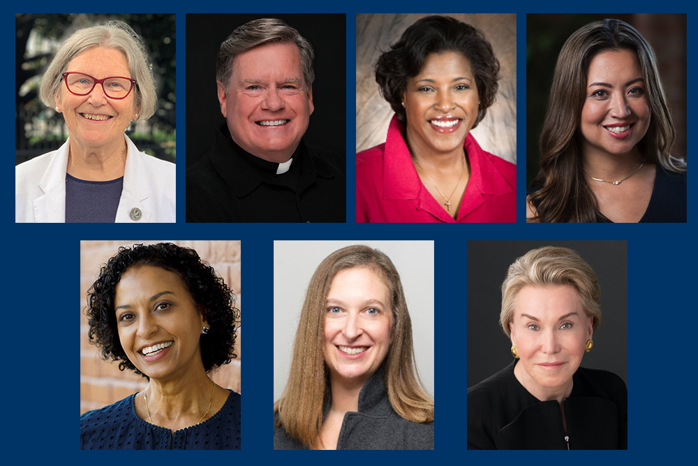 Top row, from left: Social Service Sr. Simone Campbell, Jesuit Fr. Greg Goethals, Cynthia Bailey Manns and Rumi Morales. Bottom row, from left: Michele Murray, Meg Nodzon and Jeanne Ruesch.