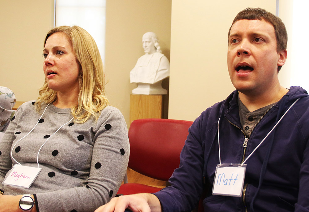 Meghann and Matt Naveau attend a Spiritus service Nov. 3 in Beavercreek, Ohio. (NCR photo/Dennis Sadowski)