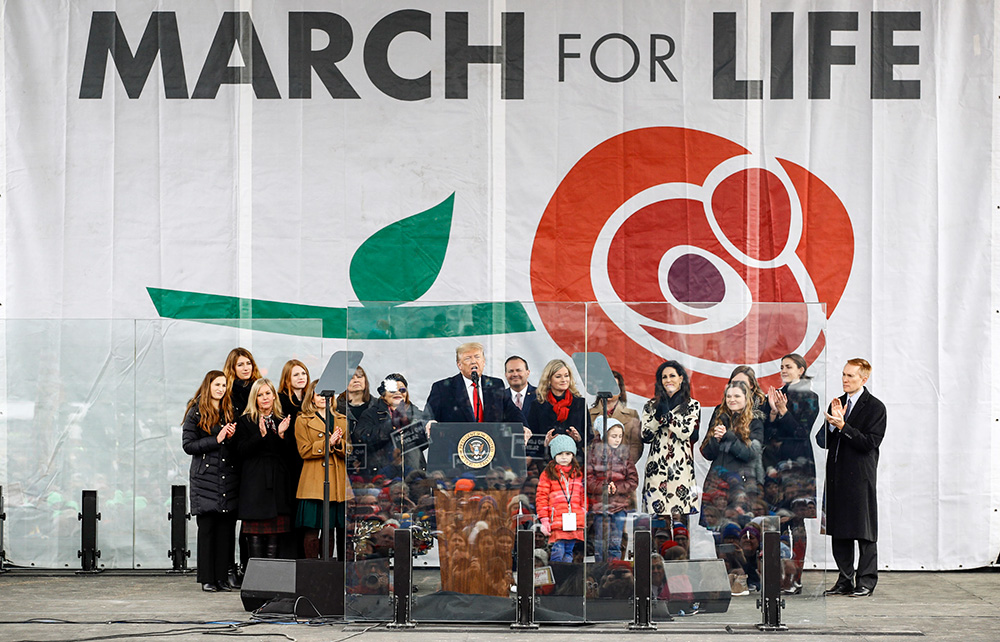 President Donald Trump speaks at the March for Life rally on Jan. 24, 2020, on the National Mall in Washington. (RNS/AP/Patrick Semansky)