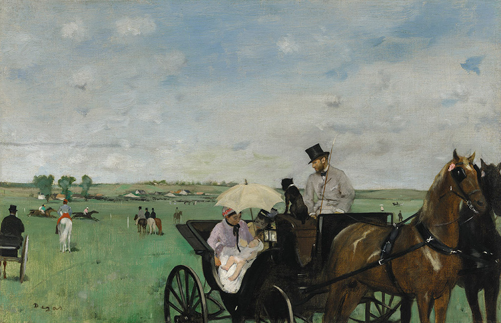 The impressionist artists of "Société Anonyme" broke from tradition not only in style, but also through the portrayal of modern domestic life, with particular attention to women. Edgar Degas, "At the Races in the Countryside," 1869, oil on canvas, displayed in National Gallery of Art's "Paris 1874: The Impressionist Moment" exhibit. (National Gallery of Art)