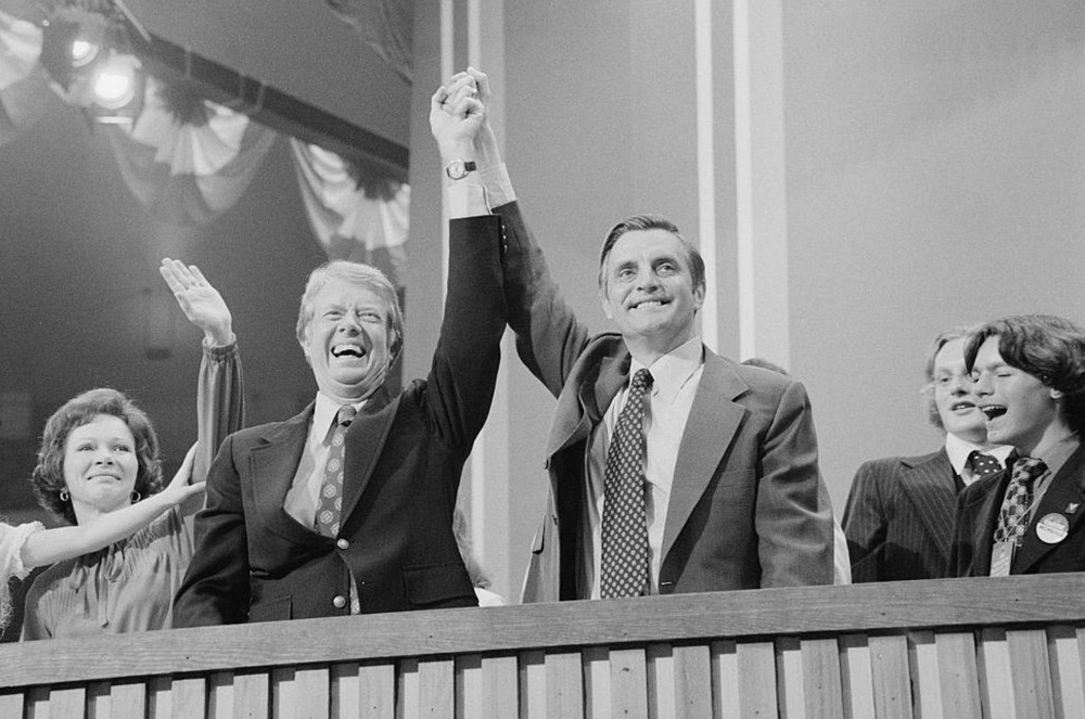 Jimmy Carter and Walter Mondale are seen at the Democratic National Convention at Madison Square Garden in New York City July 15, 1976. With Mondale as his running mate, Carter was elected president that November. (CNS/Library of Congress/Warren K. Leffler, handout via Reuters)