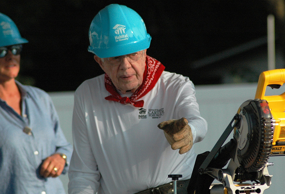 Former U.S. President Jimmy Carter works in Mishawaka, Ind., Aug. 27, 2018, helping to build 23 new homes for families through Habitat for Humanity of St. Joseph County. (OSV News/Courtesy of Carter Habitat for Humanity)