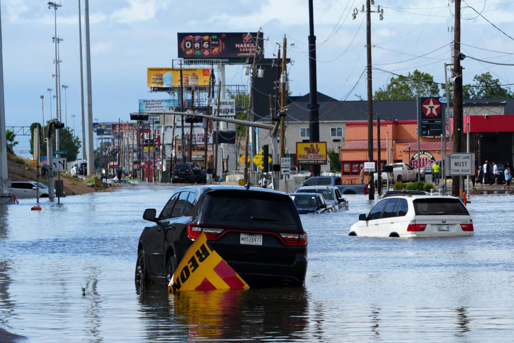 Cars are submerged in floodwaters after Hurricane Beryl passed in Houston July 8, 2024. Hurricane Beryl slammed into Texas early that morning, knocking out power to nearly 3 million homes and businesses, unleashing heavy rain and causing multiple deaths it moved east and later weakened to a tropical depression, the National Hurricane Center said. (OSV News photo/Rich Matthews, Reuters)