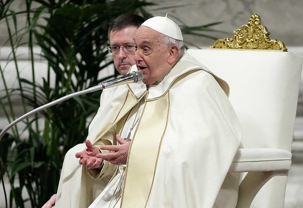 Pope Francis gives his homily during Mass for the feast of Our Lady of Guadalupe in St. Peter’s Basilica at the Vatican on Dec. 12, 2024. (CNS/Lola Gomez)