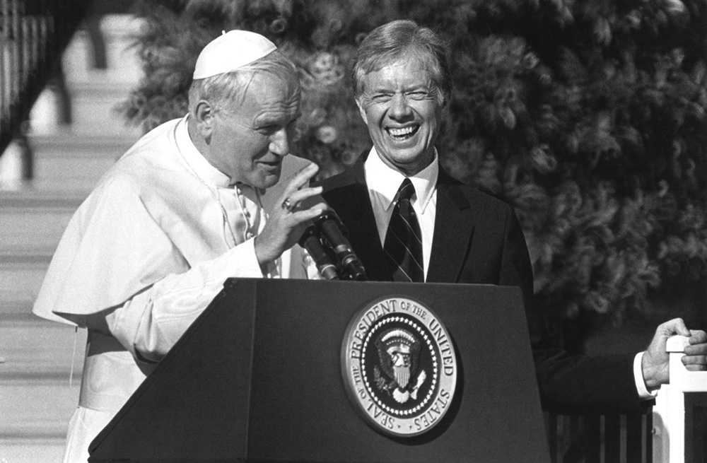 St. John Paul II addresses a press conference with President Jimmy Carter in the Rose Garden at the White House Oct. 6, 1979. (OSV News/CNS file/Chris Sheridan)