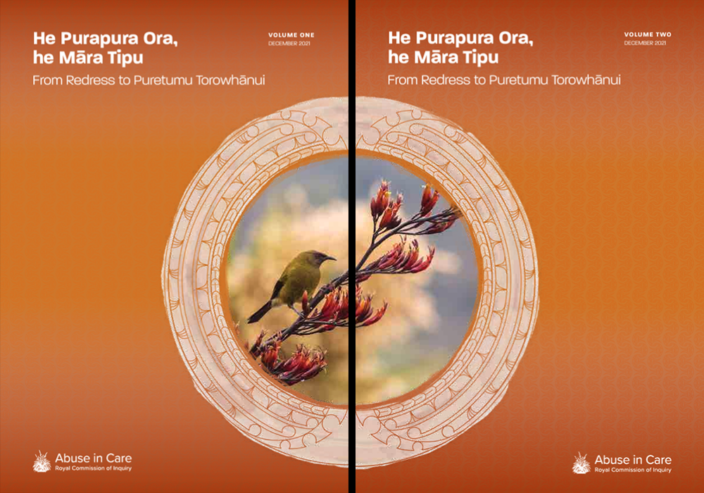 Pictured are two volumes of New Zealand's 2021 interim redress report of the Royal Commission of Inquiry into Abuse in Care, "He Purapura Ora, he Mara Tipu; from Redress to Puretumu." The commission released the final report in 2024. (NCR/abuseincare.org.nz)