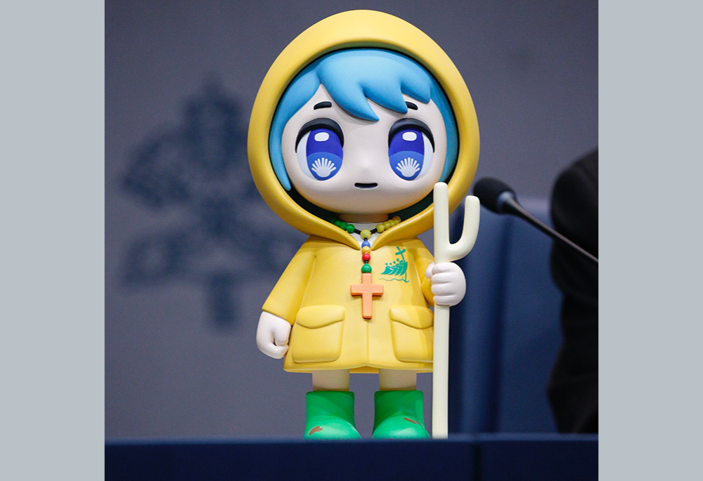 "Luce" (Italian for "Light"), the official mascot for the Holy Year 2025, is seen during a news conference at the Vatican on Oct. 28. (CNS/Justin McLellan)