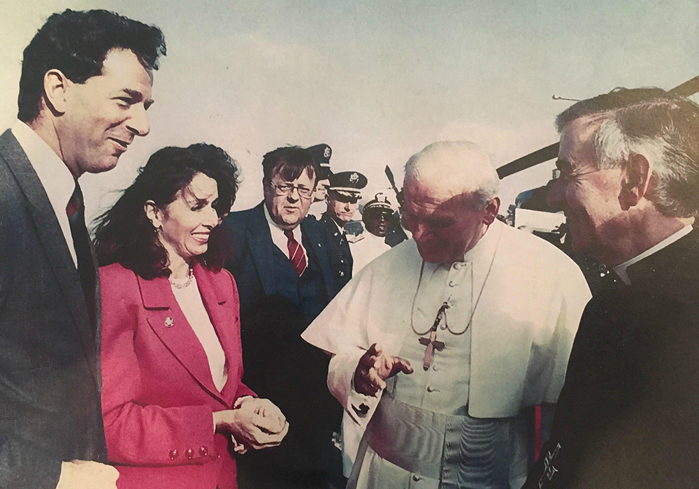 Former House Speaker Nancy Pelosi and her husband Paul greet Pope John Paul II during his visit to San Francisco, in September 1987. (Courtesy of Office of Speaker Emerita Nancy Pelosi)