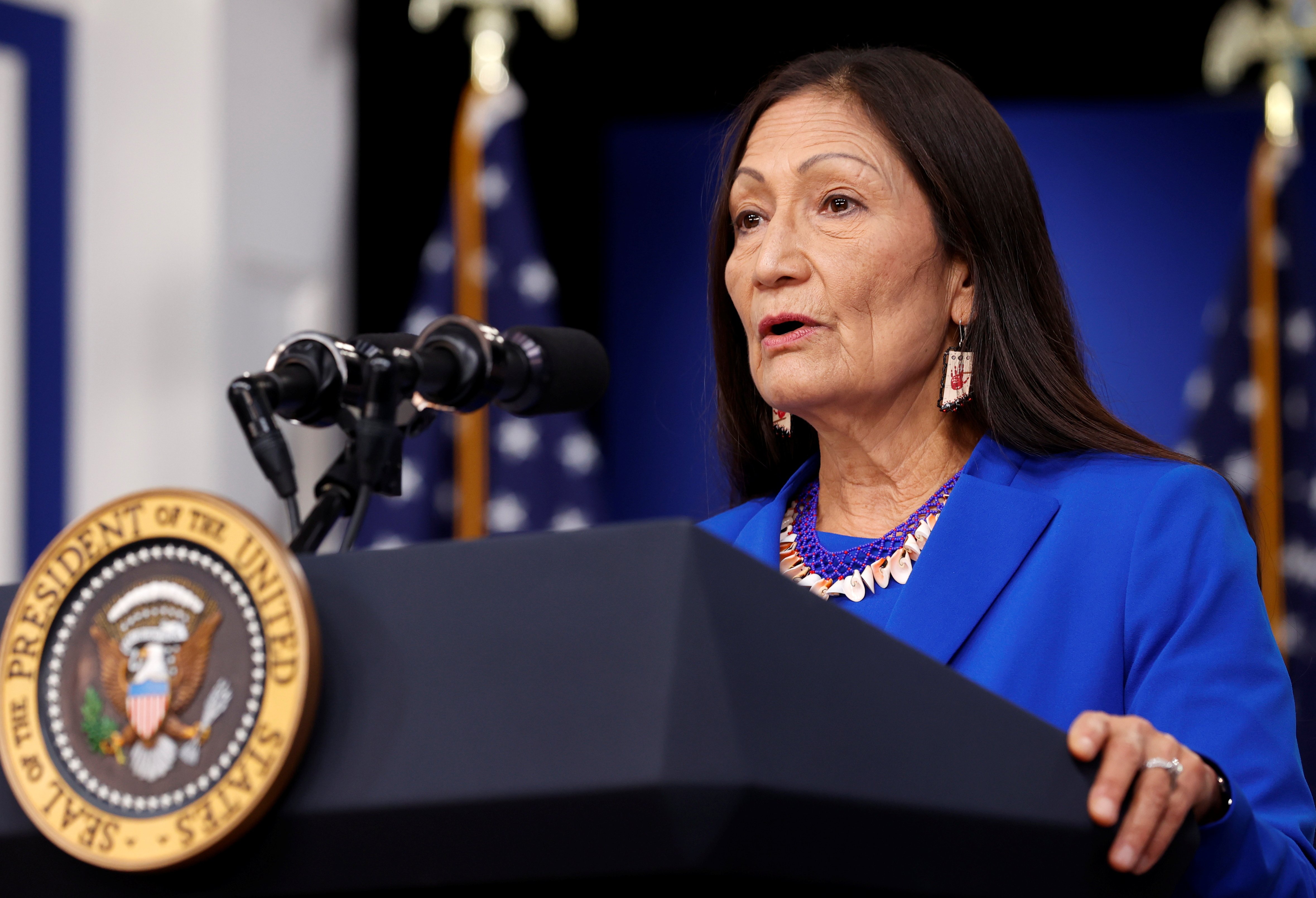 U.S. Interior Secretary Deb Haaland addresses the Tribal Nations Summit from an auditorium on the White House campus in Washington Nov. 15, 2021.