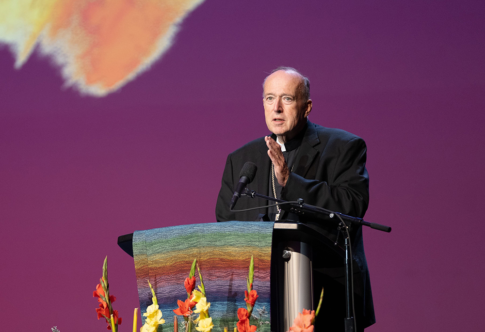 Cardinal Robert McElroy of San Diego speaks about his experience as a delegate to the Synod of Bishops on synodality in October 2023 at the Vatican during a talk Feb. 16, 2024, at the Los Angeles Religious Education Congress in Anaheim, California. (OSV News/Courtesy Archdiocese of LA Digital Team)