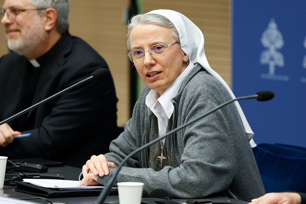 Consolata Missionary Sr. Simona Brambilla was appointed prefect of the Dicastery for Institutes of Consecrated Life and Societies of Apostolic Life, on Jan. 6. She is pictured here speaking at a news conference at the Vatican March 14, 2024, about study groups authorized by Pope Francis to examine issues raised at the synod on synodality. (CNS/Lola Gomez)