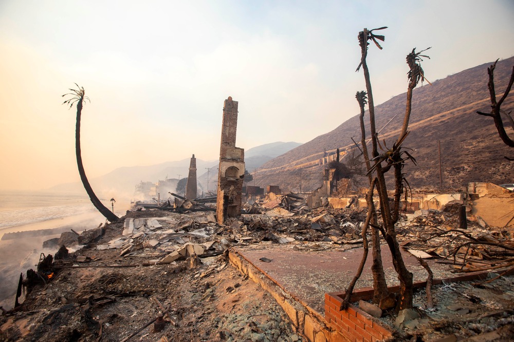 Charred building remains and tree dot smokey beach.