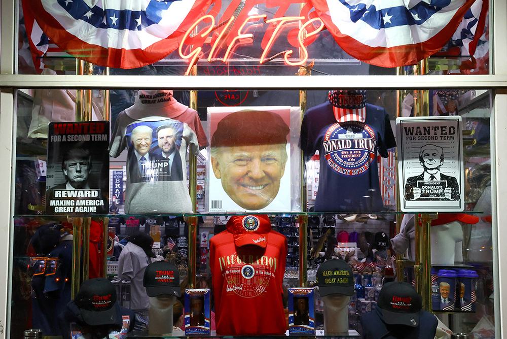 A gift shop window displays products Jan. 4, 2025, commemorating the upcoming presidential inauguration for U.S. President-elect Donald Trump in Washington Jan. 20. (OSV News/Reuters/Fabrizio Bensch)